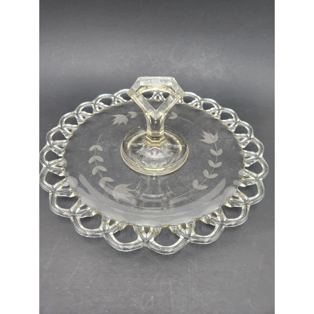 Vintage Clear Etched Glass Open Lace Edge Tidbit Serving Tray Center Handle